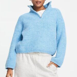 ASOS DESIGN Petite sweater with zip collar in fluffy yarn in cobalt blue